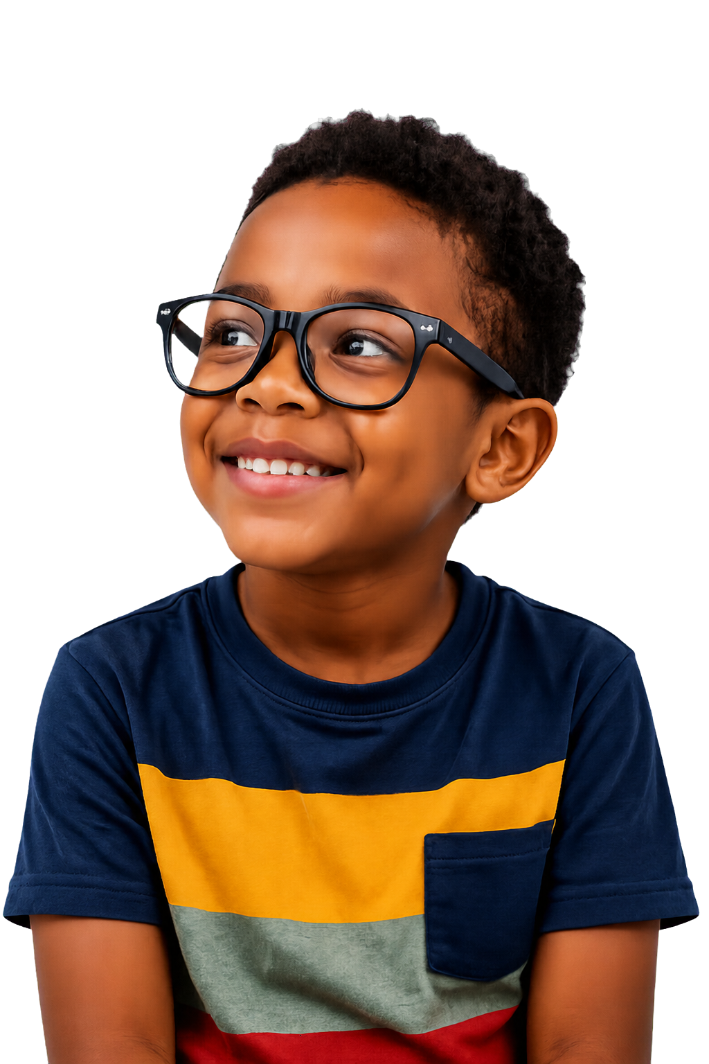 A smiling child wearing glasses