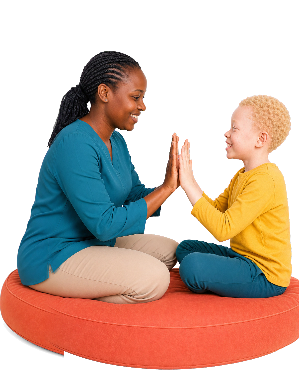 A Kenyan therapist and a Kenyan child with albinism smiling as they play a hand-clapping game