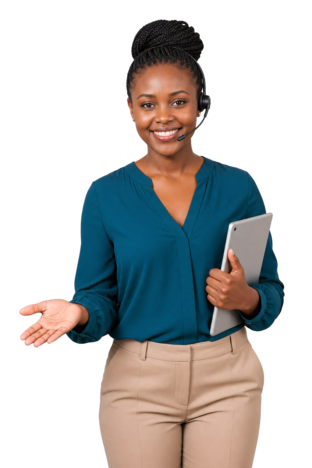 A welcoming Kenyan care coordinator holding a tablet