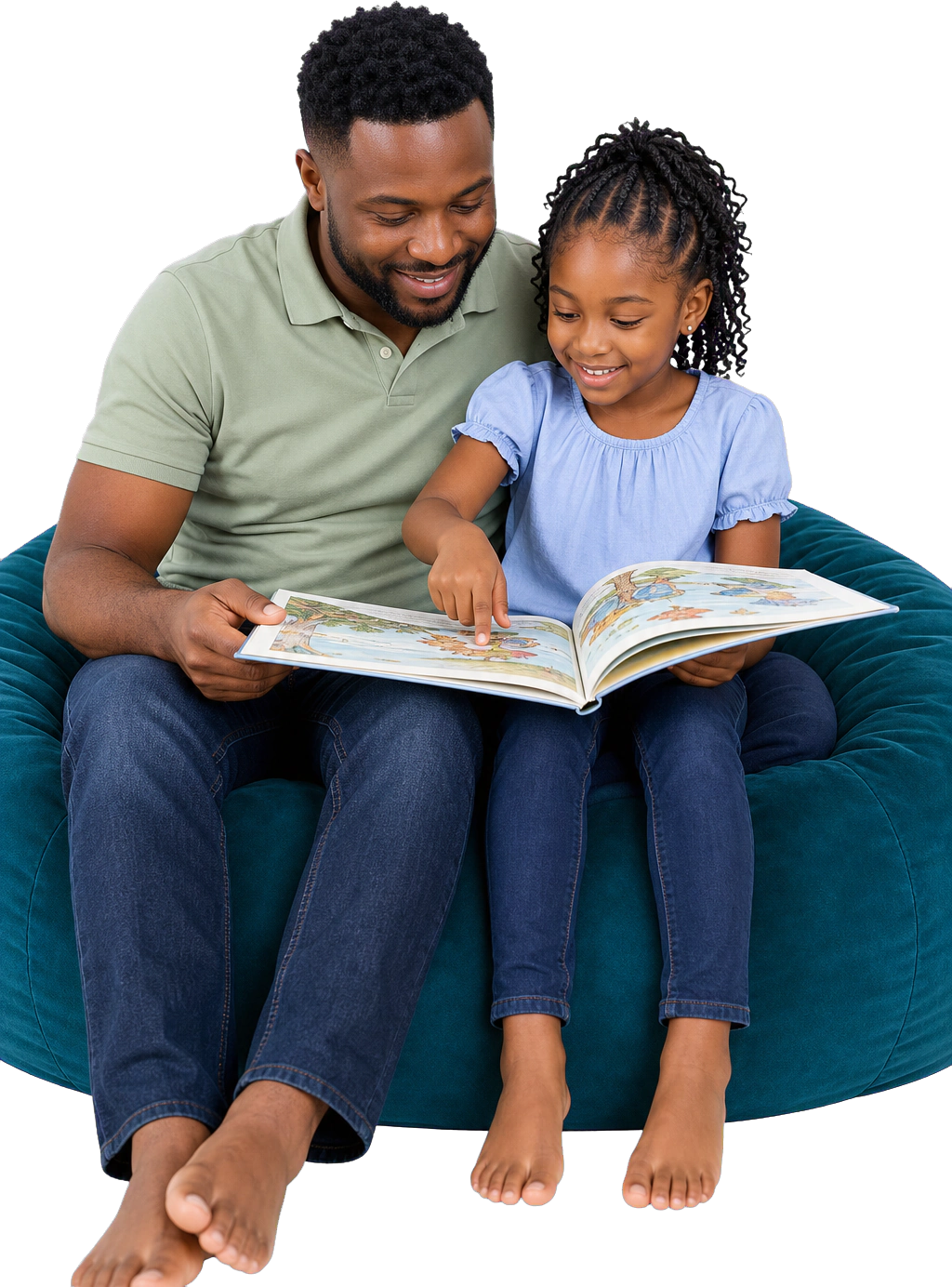 A Kenyan father and daughter enjoying a picture book together